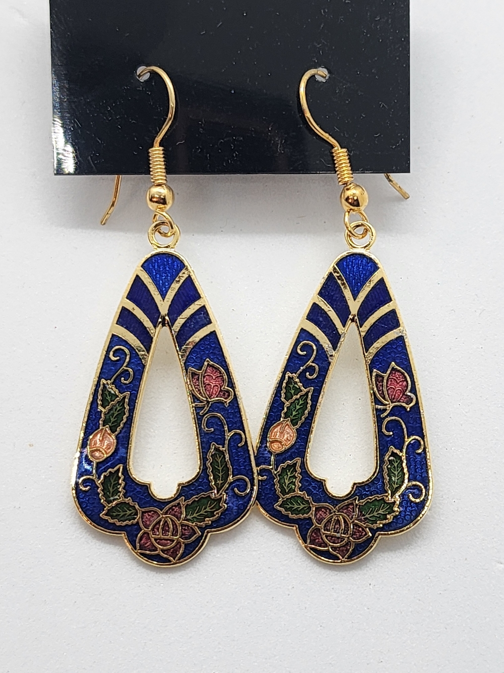 Vintage Blue Cloisonné Enamel Teardrop Earrings Gold Tone Floral Butterfly